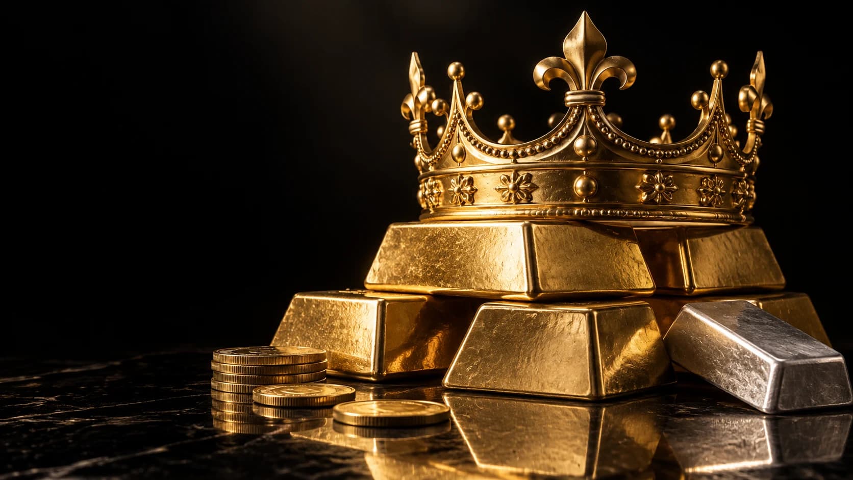 An illustrative royal crown resting on gold bullion beside silver and coins